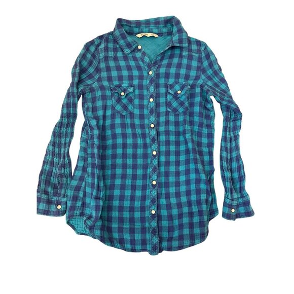 Old Navy Womens Blue & Green Plaid Pearl Snap Button-Down Shirt S Y2K Grunge - Picture 1 of 6
